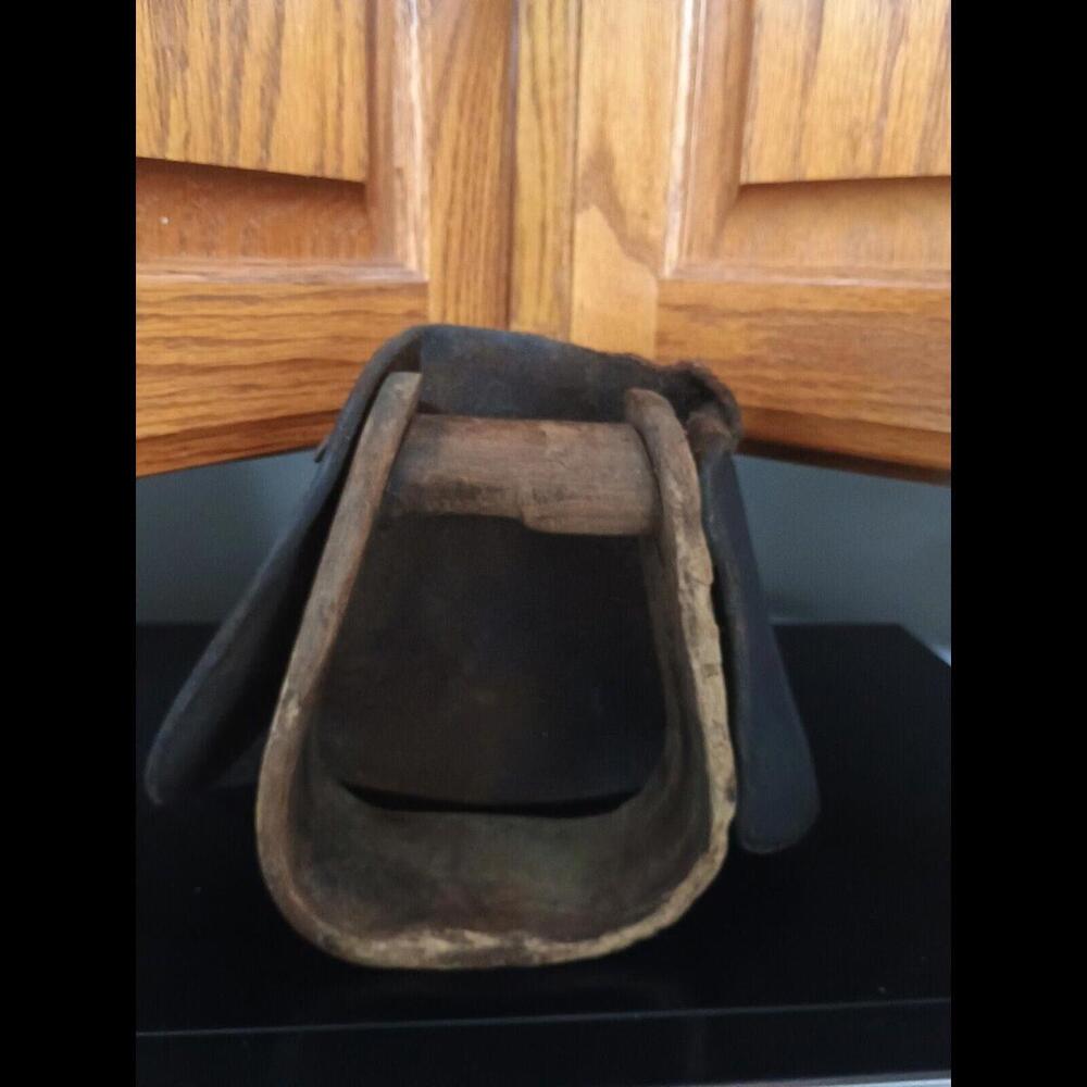 Antique Wood & Leather Stirrup Primitive Western Rustic Decor Prop Wall Shelf